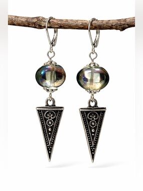 Iridescent Czech Glass Earrings • Silver Boho Dangle